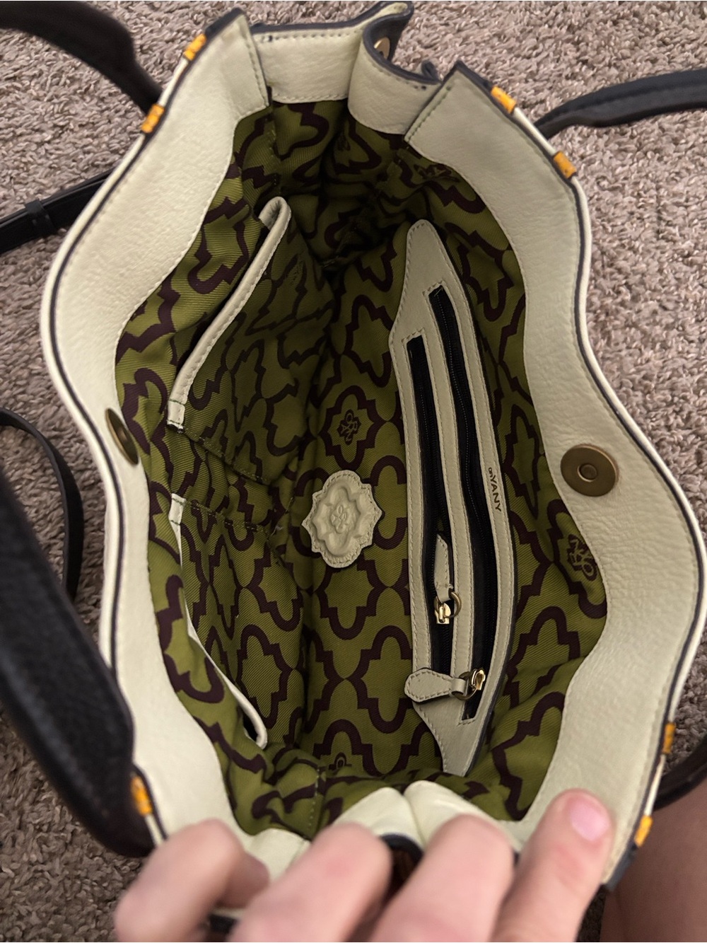 Oryani Leather Crossbody Satchel Bag in Cream and Black with Yellow Accents - Picture 5 of 5